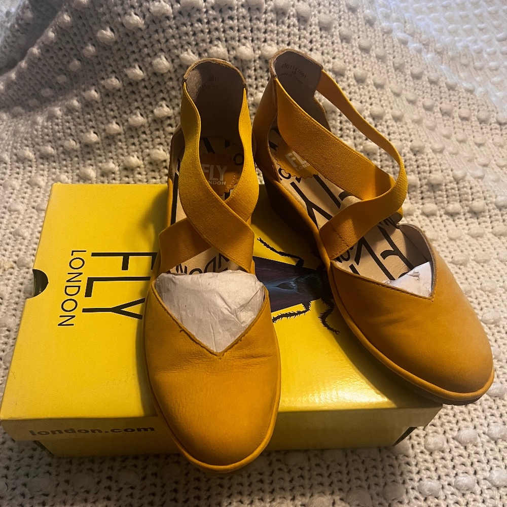 Fly London Mustard Yellow Leather Crisscross Wedge Heels